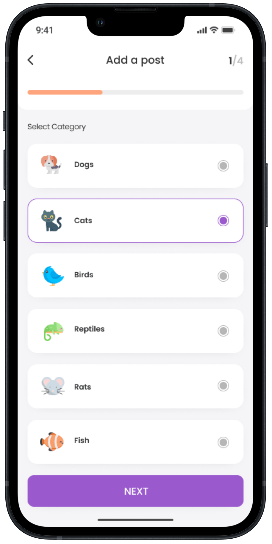 Pet categories page. Includes dogs, cats, birds, reptiles, rodents and fish.